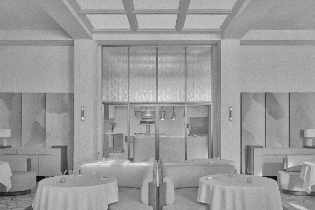 Elegant, monochrome restaurant interior with round tables draped in white cloth. Soft lighting, abstract wall art, and modern decor create a serene atmosphere.