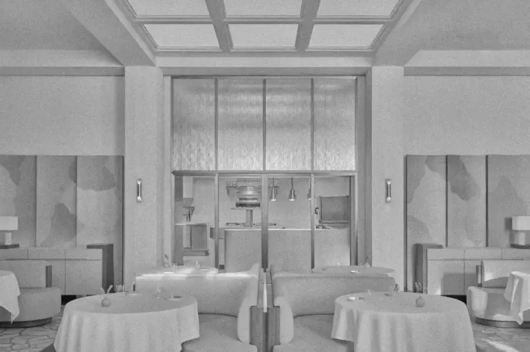 Elegant, monochrome restaurant interior with round tables draped in white cloth. Soft lighting, abstract wall art, and modern decor create a serene atmosphere.