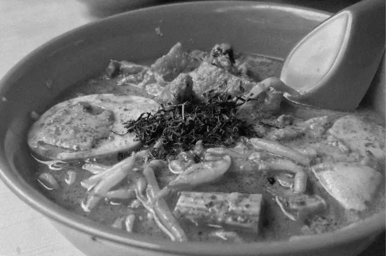 A black and white image of a hearty noodle soup in a bowl, containing sliced egg, tofu, and vegetables, with a spoon resting on the side.