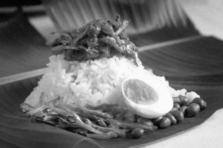A monochrome image of nasi lemak on a banana leaf. Features include rice, sambal, a halved boiled egg, peanuts, and anchovies, evoking simplicity.