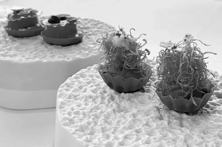 Two intricate desserts rest on textured surfaces. Each treat features delicate, curly toppings, creating an artistic and refined presentation. Black and white.