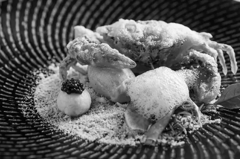 Artistic plating of soft-shell crab with caviar and powdered elements on textured plate