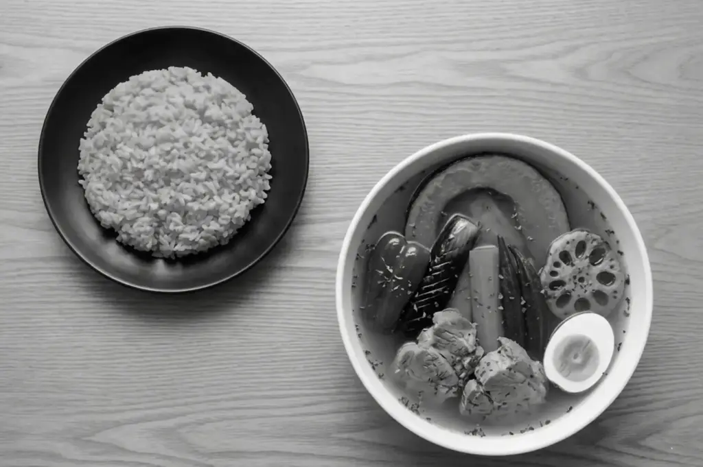 Overhead view of Sapporo-style soup curry featuring lotus root, egg, pumpkin, and meat with separate rice plate