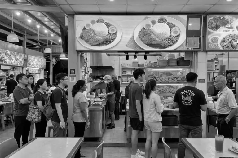 Customers queuing at a nasi lemak stall in a Singapore hawker center, with large menu boards displaying rice dishes with fried chicken and sides