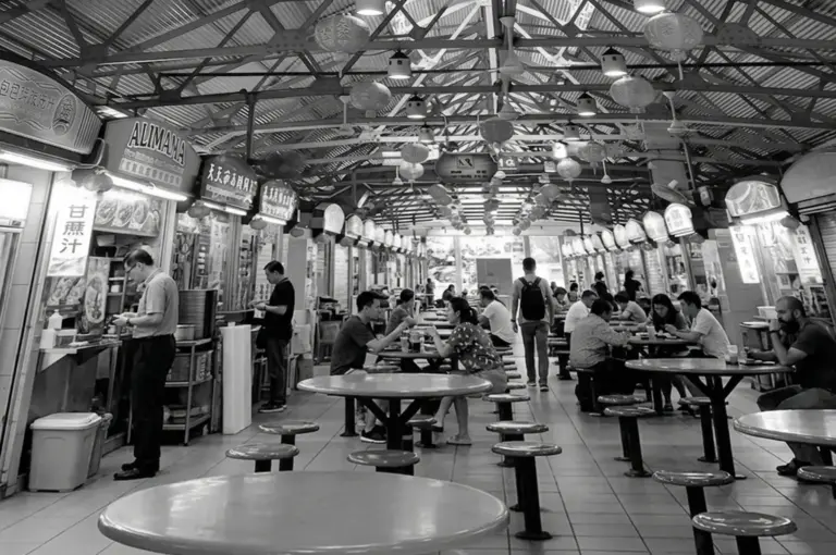 Interior view of Maxwell Food Centre hawker center with diners seated at round tables under distinctive metal framework ceiling