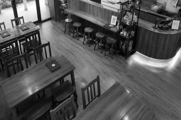 Cozy wooden dining area and counter inside Lucky Cat Cafe