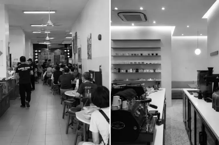 Side-by-side comparison of a busy traditional kopitiam with ceiling fans and a modern minimalist specialty cafe featuring an espresso machine