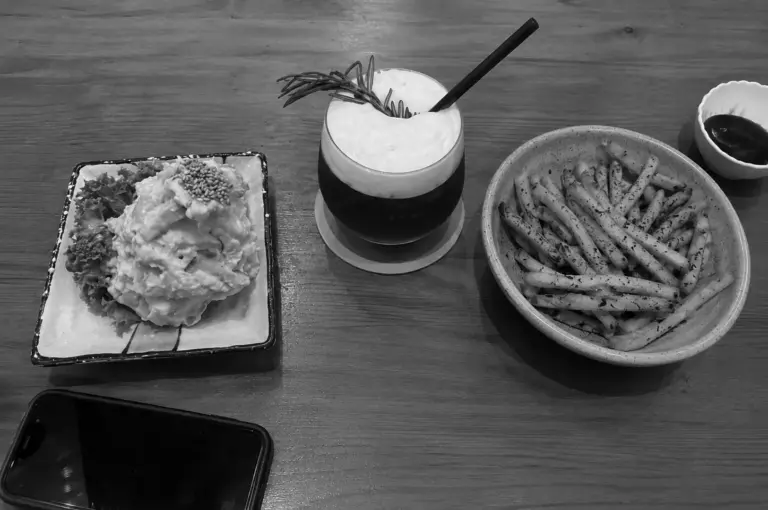 Vegetarian potato salad, seasoned fries and Yuzu Rose Black Tea at Lucky Cat Cafe