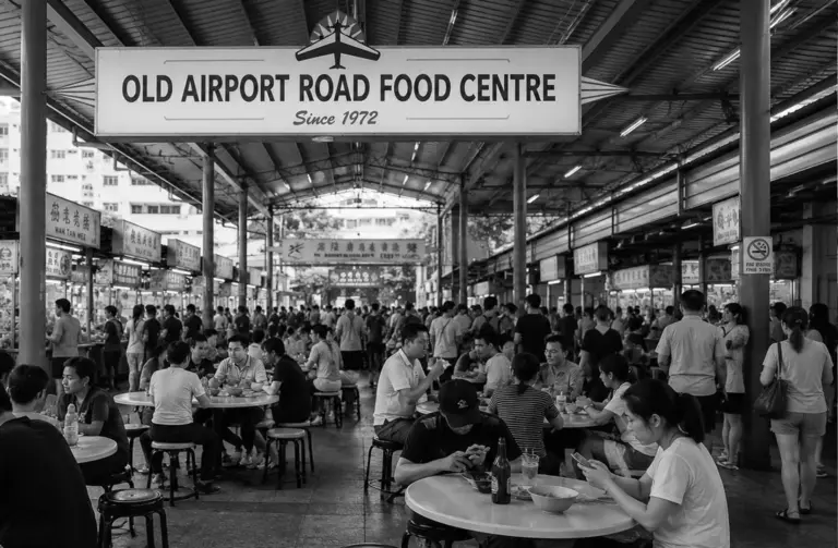 Diners enjoying meals inside Old Airport Road Food Centre.