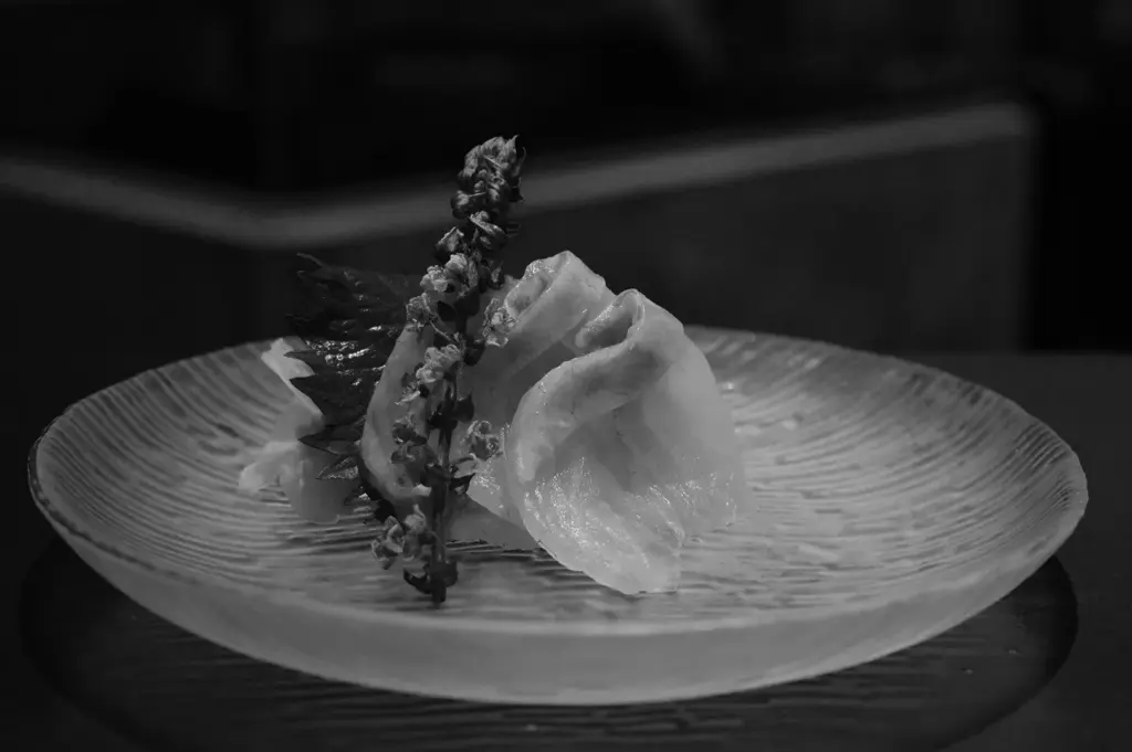Fresh sashimi slices arranged on a ceramic plate with Japanese garnish