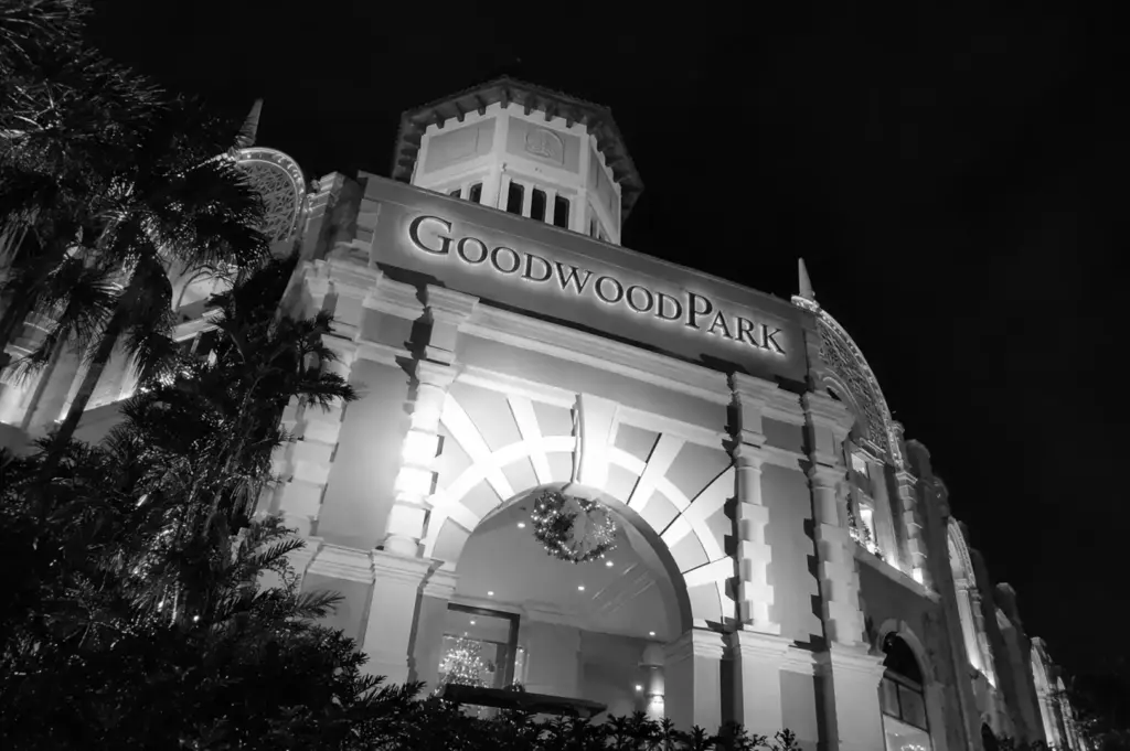 Goodwood Park Hotel exterior illuminated at night