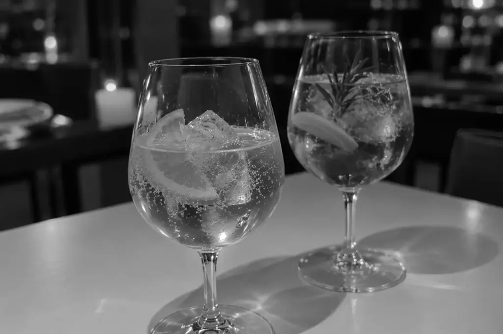 Two sparkling crafted drinks with citrus, ice, and warm reflections on a restaurant table with a softly blurred background.